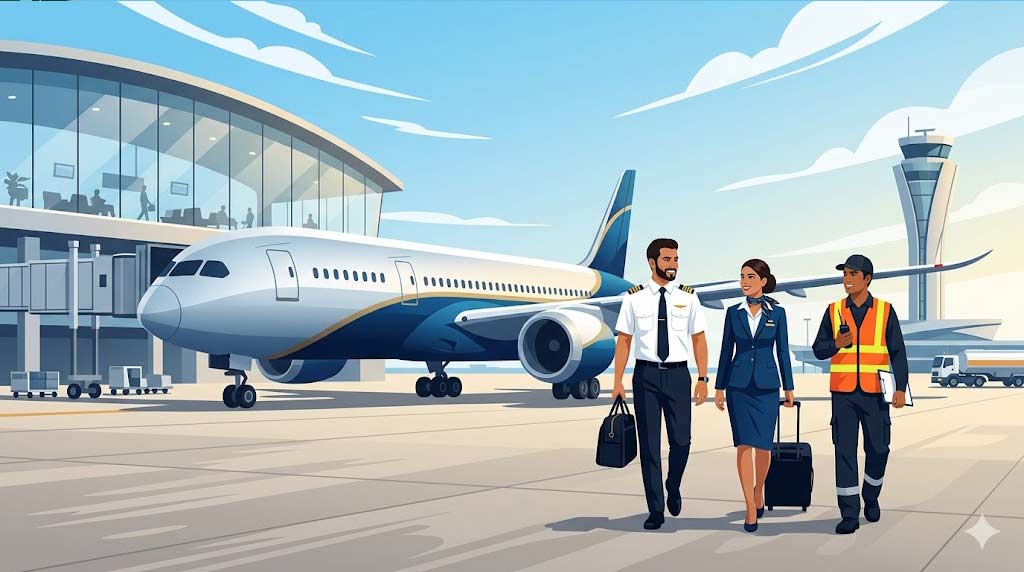 Modern vector illustration of a diverse pilot and cabin crew walking on an airport tarmac toward a large commercial jetliner.
