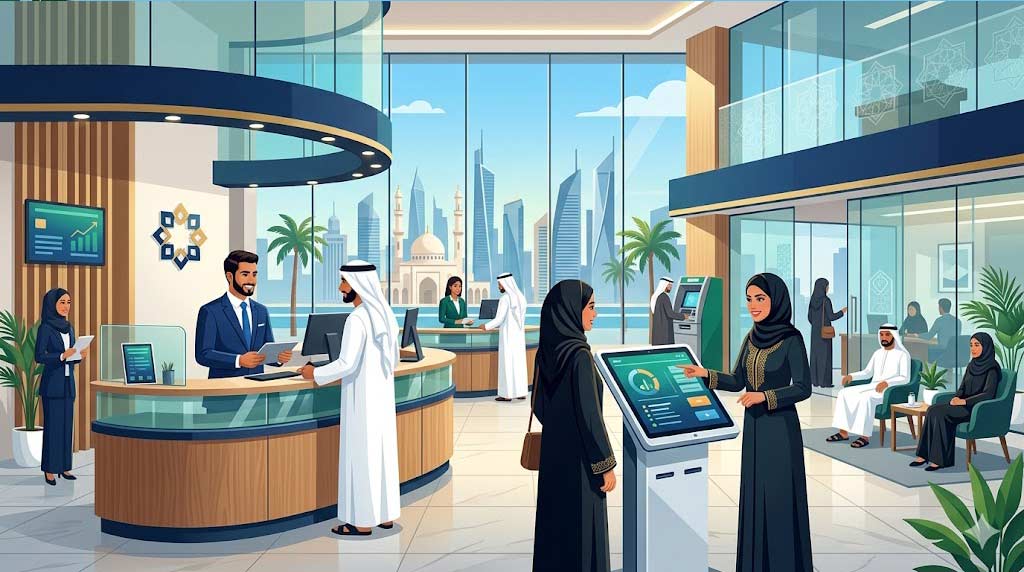 Modern vector illustration of diverse bank tellers and managers assisting customers inside a sleek bank branch in a Gulf city.