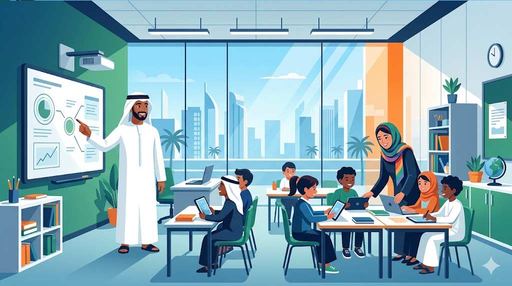 Modern vector illustration of diverse male and female teachers interacting with multicultural students using technology in a contemporary Gulf classroom.