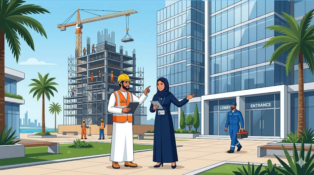 Modern vector illustration of diverse construction engineers and facilities managers collaborating outside a large high-rise complex, combining completed and active building sites in the Gulf.