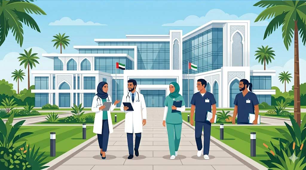 Modern vector illustration of diverse medical professionals, including doctors and nurses, standing outside a state-of-the-art hospital building in the Gulf.
