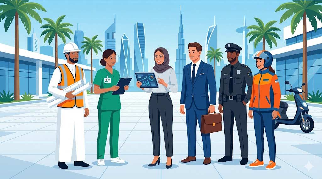 Modern vector illustration showing a diverse group of top professionals—including an IT specialist, engineer, doctor, and corporate executive—standing together in a Gulf city, representing in-demand job professions.