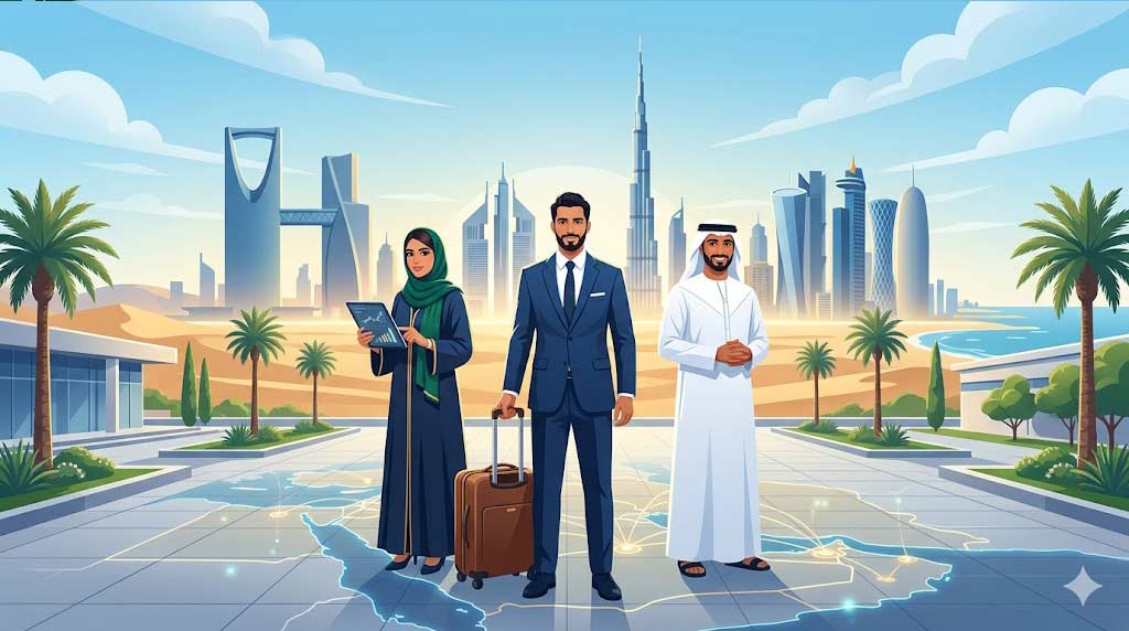 Modern vector illustration of diverse professionals with luggage and tablets standing in front of a stylized skyline featuring iconic Gulf city landmarks, representing career relocation and jobs by location.