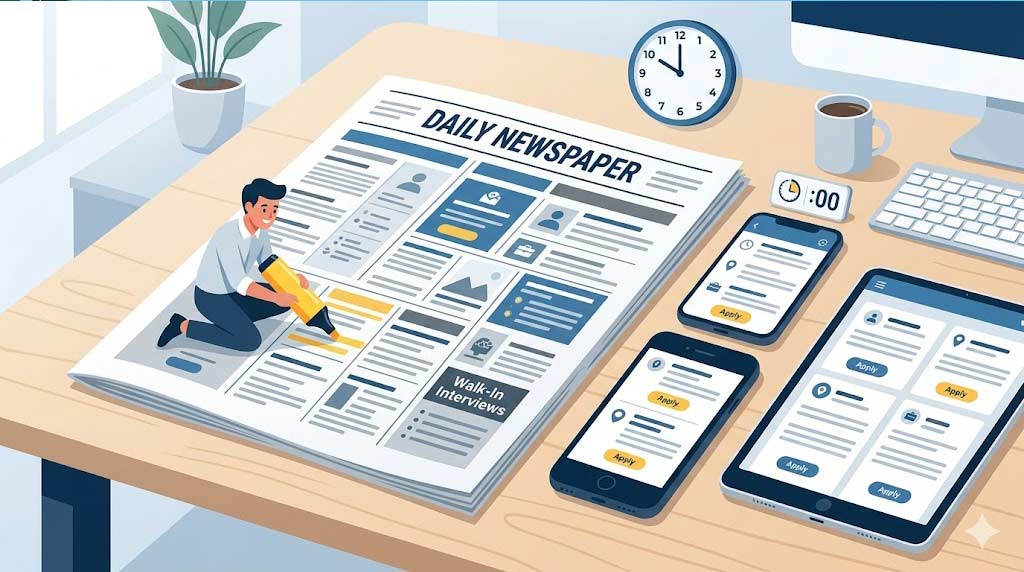 Modern vector illustration of a job seeker highlighting urgent vacancies in a physical newspaper next to a tablet displaying digitized classified ads for Gulf jobs.