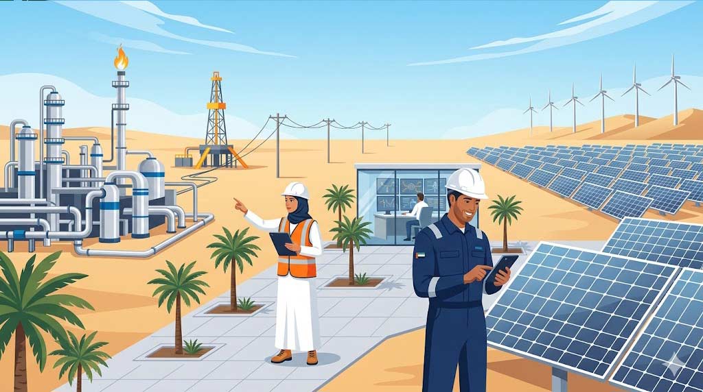 Modern vector illustration of diverse engineers and operations technicians collaborating outside an integrated energy hub, combining massive solar arrays, wind turbines, a traditional refinery, and drilling rigs in the Gulf.