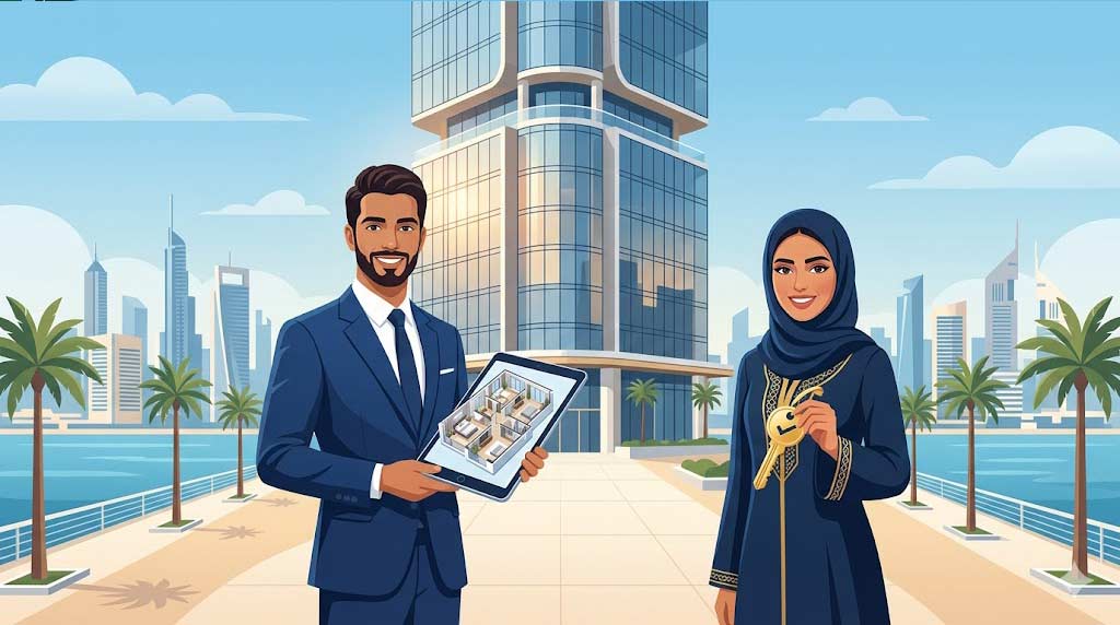 Modern vector illustration of diverse real estate agents holding a key and tablet in front of a luxury high-rise building in a Gulf city skyline.