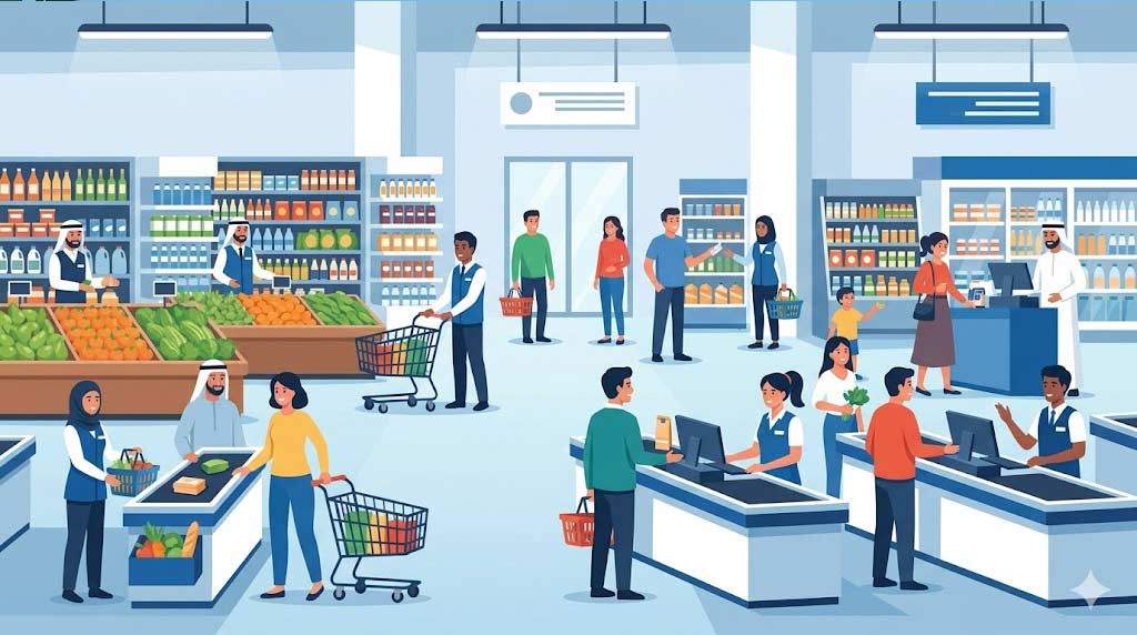 Modern vector illustration of diverse staff working inside a busy supermarket in the Gulf, featuring cashiers and shelf stockers assisting customers.