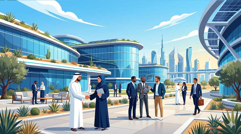 Modern vector illustration of diverse corporate professionals networking outside a futuristic, high-tech corporate headquarters campus in a Gulf smart-city.