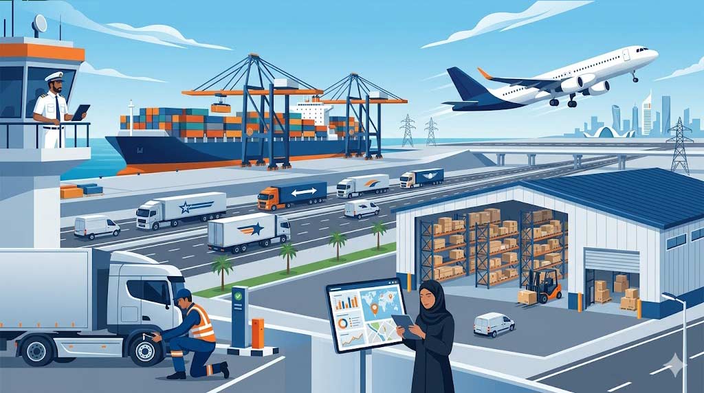 Modern vector illustration of diverse staff working inside a busy integrated logistics hub, featuring container ships, cargo planes, and semi-trucks in the Gulf.